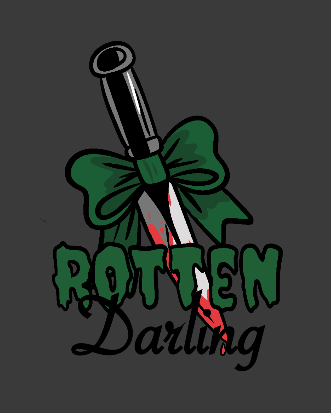 A graphic design featuring a dagger stabbed through a green bow with the words 'ROTTEN Daring' underneath. The background is dark gray.