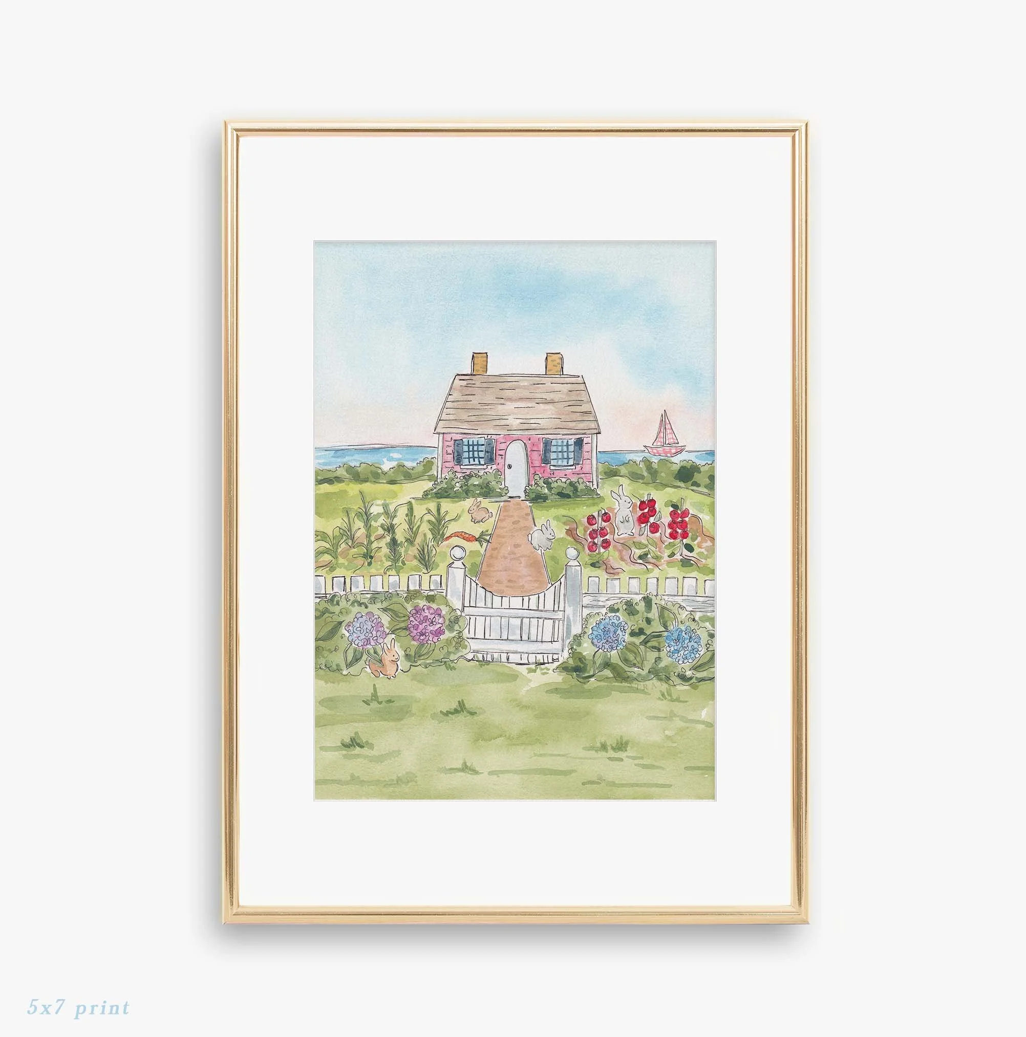 Coastal Cottage Bunnies 5x7 Watercolor Art Print by Sarah Hayden.jpg