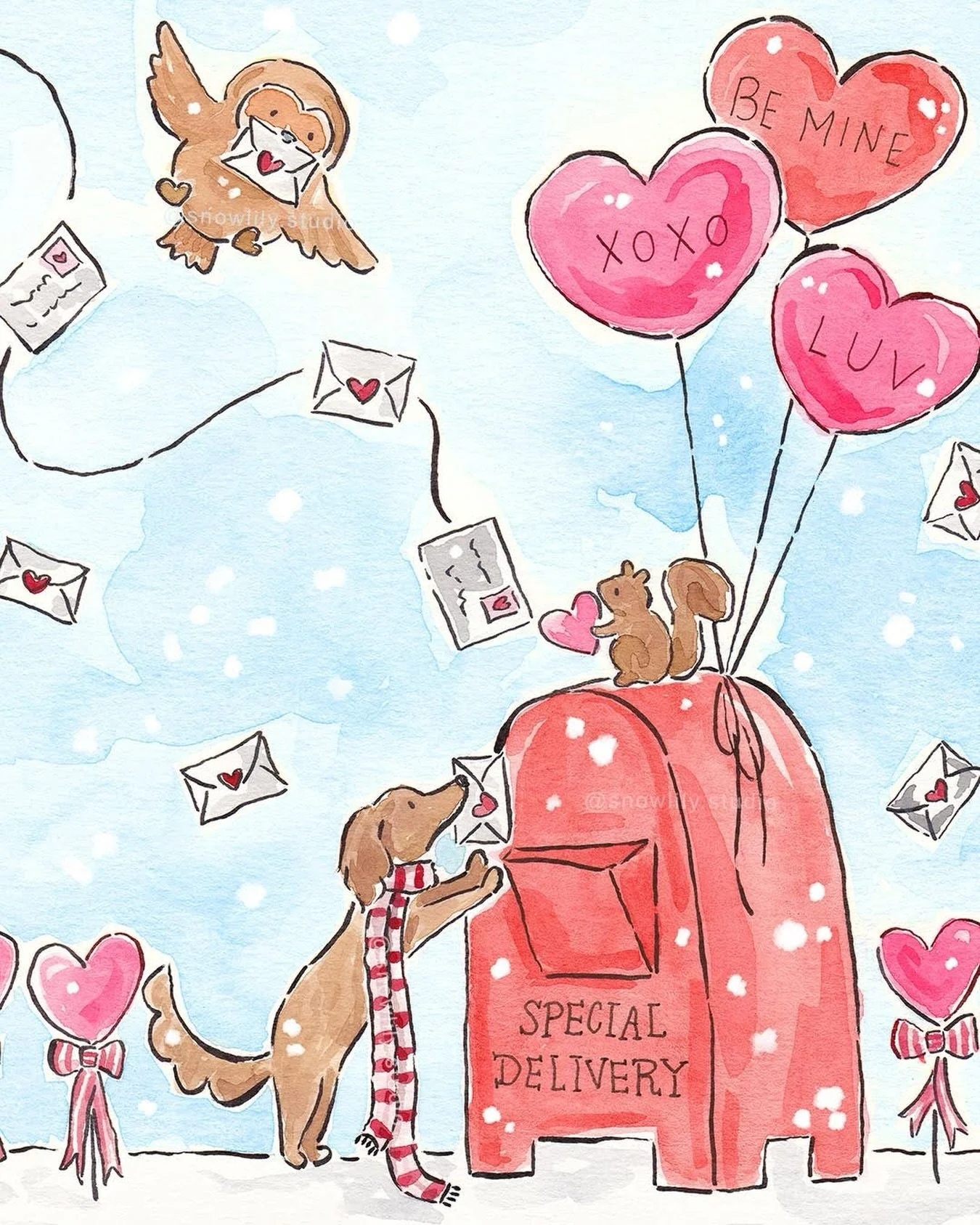 Special delivery 💕 🐾 

Just finished this watercolor painting and turned it into a very sweet Valentine&rsquo;s Day card. Wouldn&rsquo;t you love to receive a Valentine from this little guy? 🥰

Printable cards now available in my shop - link in bi