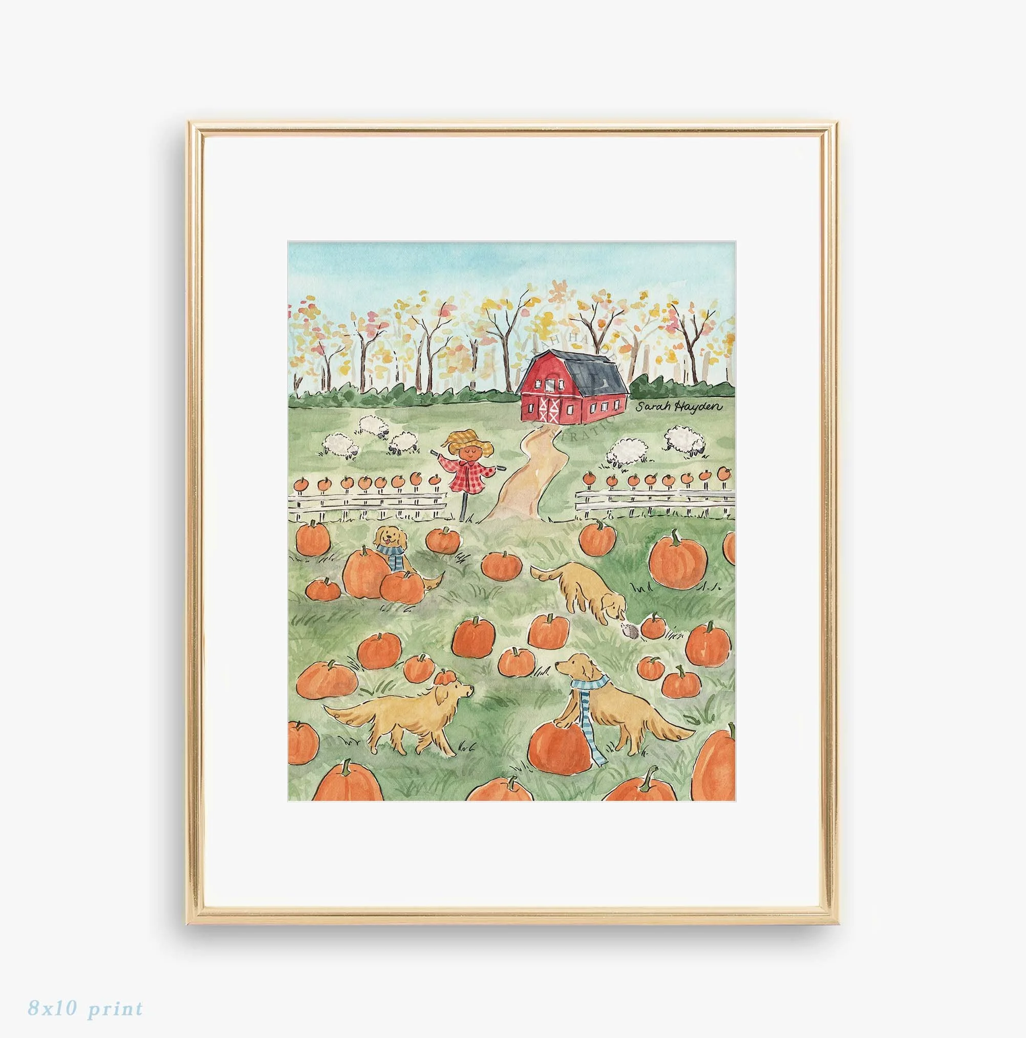 Golden Retriever Pumpkin Patch 8x10 Watercolor Art Print by Sarah Hayden.jpg