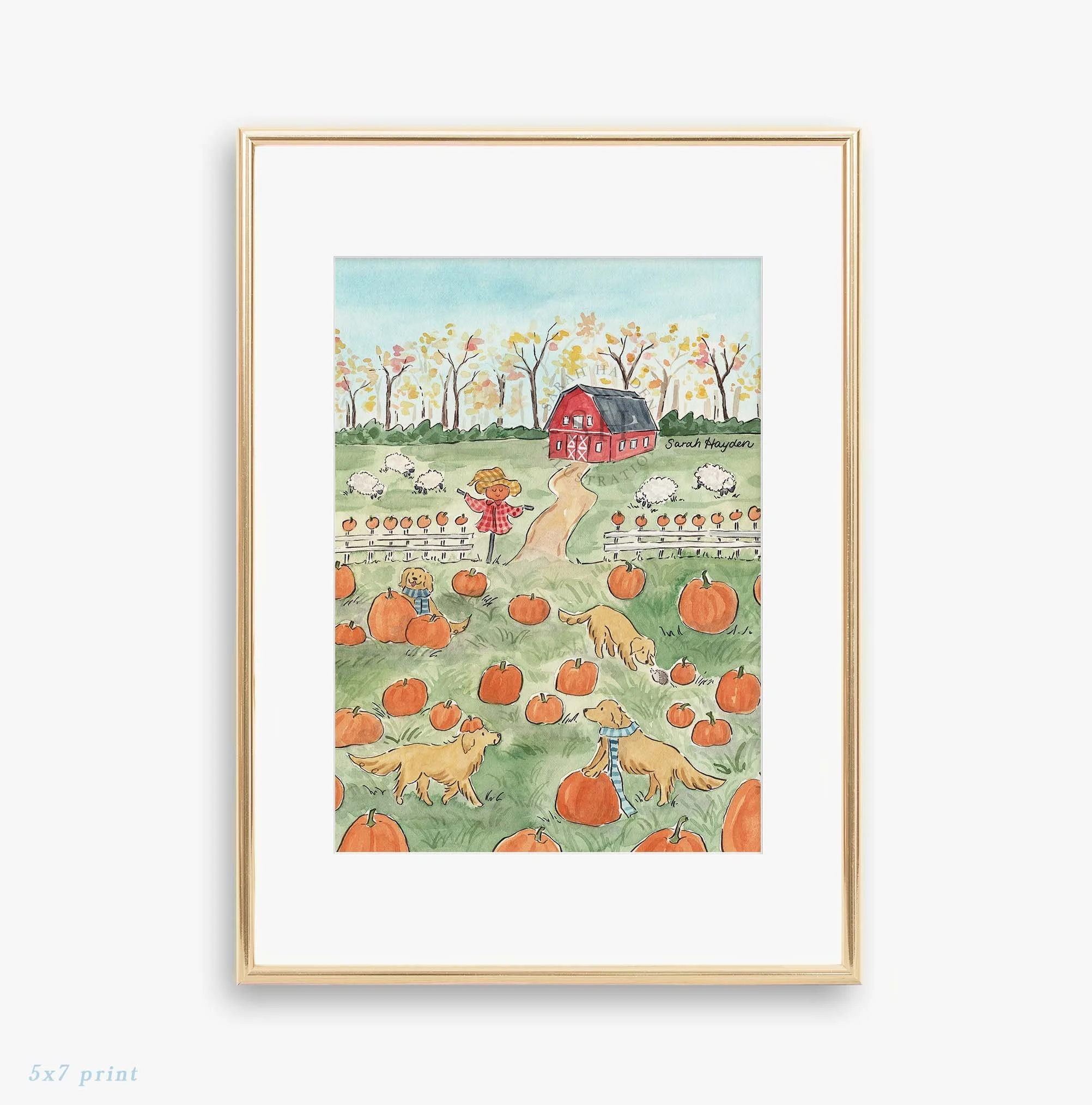 Golden Retriever Pumpkin Patch 5x7 Watercolor Art Print by Sarah Hayden.jpg