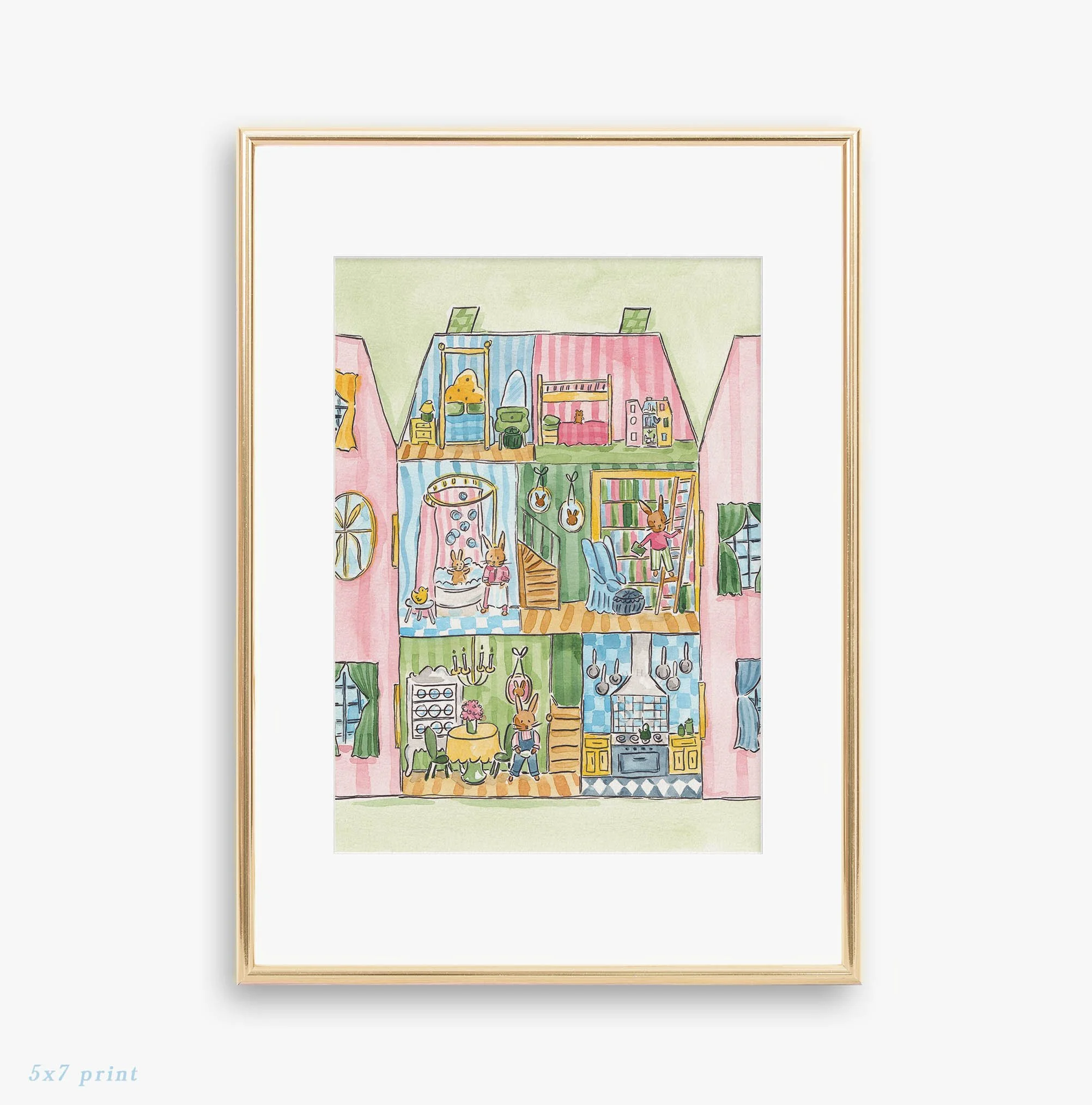 Bunny Dollhouse 5x7 Watercolor Art Print Copyright Sarah Hayden.jpg