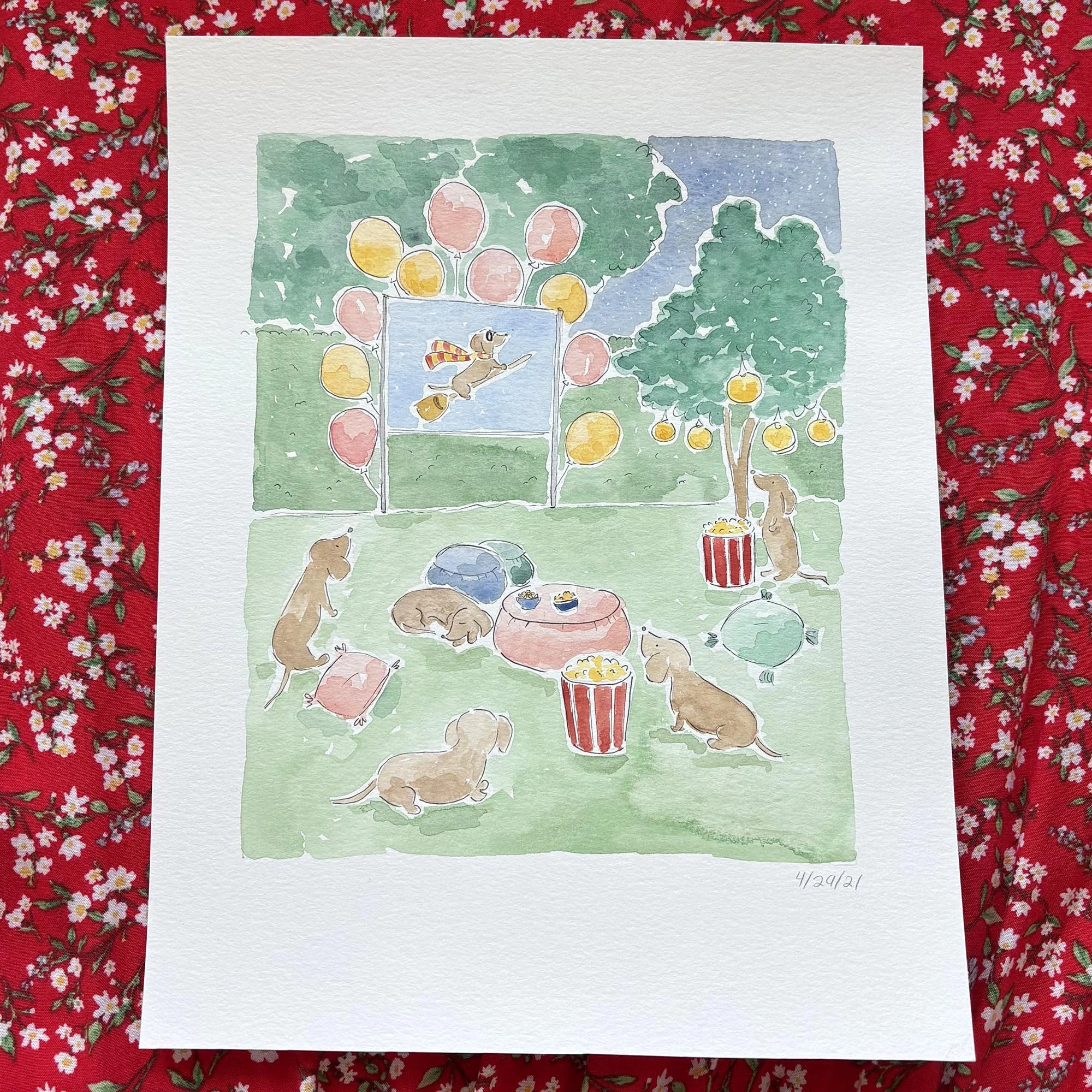 Watercolor original painting whimsical dachshund movie night in backyard