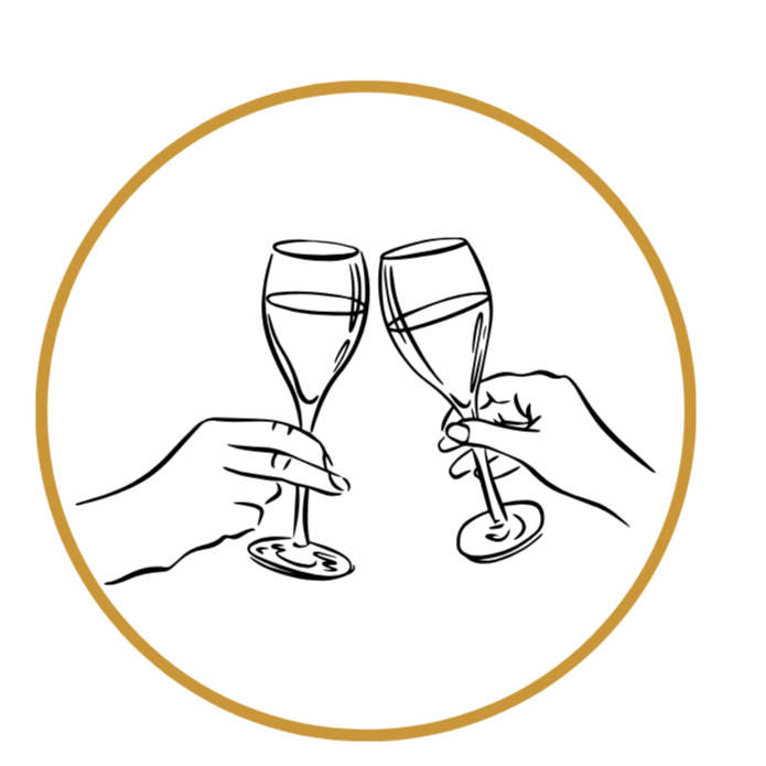 Two hands holding champagne glasses clinking together for a toast.