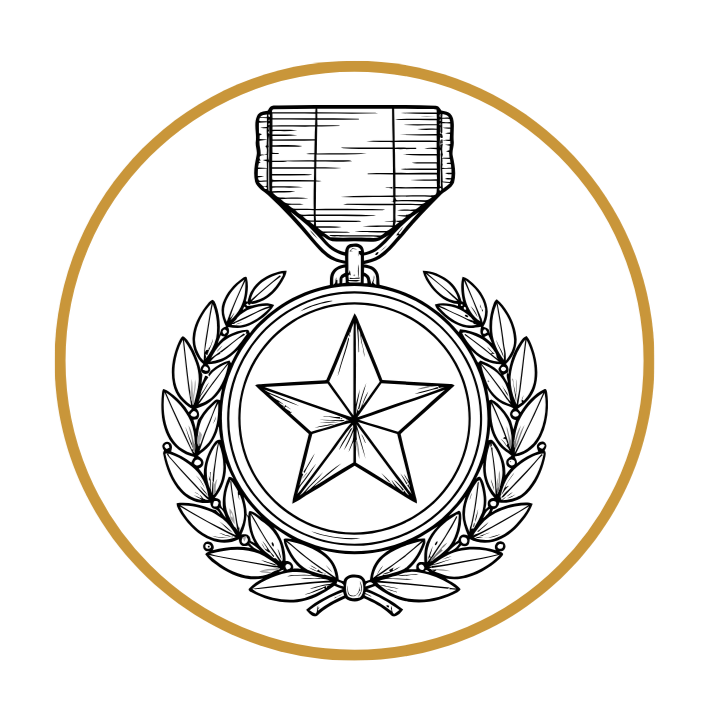 Line drawing of a medal with a star in the center, surrounded by a laurel wreath, and a ribbon at the top.