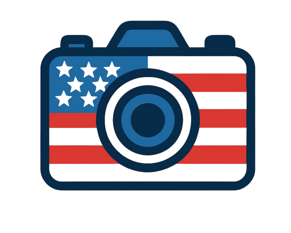 Illustration of a camera with the American flag design on the front.
