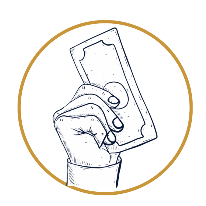 A hand holding a dollar bill in a cartoon style drawing.