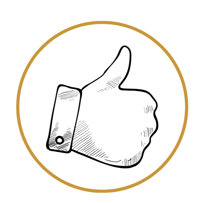 Black and white illustration of a thumbs-up hand gesture inside a circular frame with a gold border.