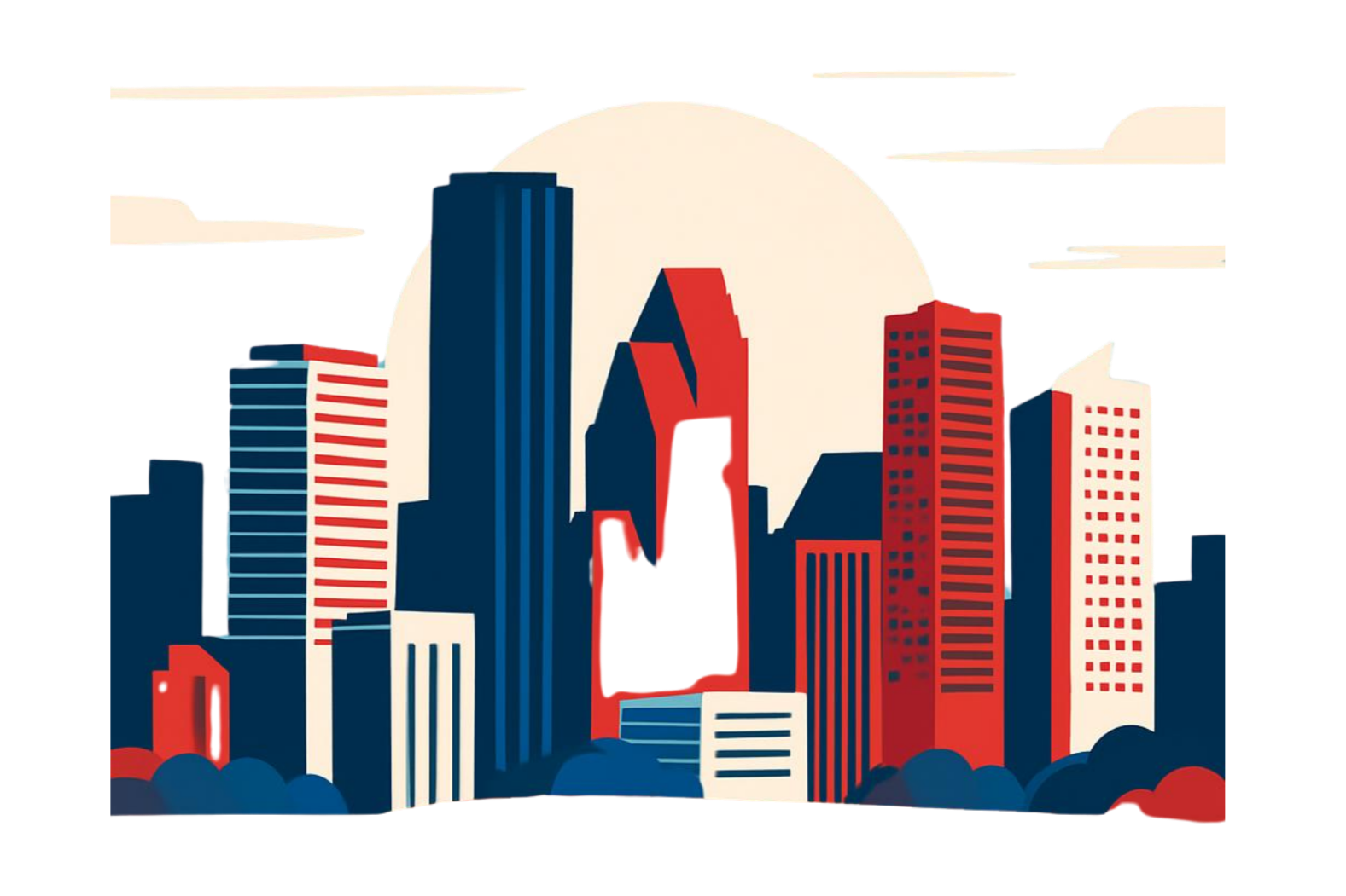 Illustration of a city skyline with tall buildings and clouds, set against a large setting sun.