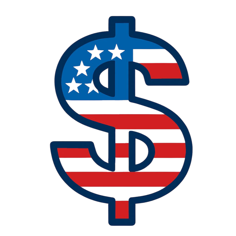 A stylized dollar sign with the American flag pattern and European Union stars inside.
