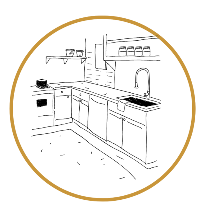 Line drawing of a kitchen with cabinets, a sink, open shelves, and a stovetop.