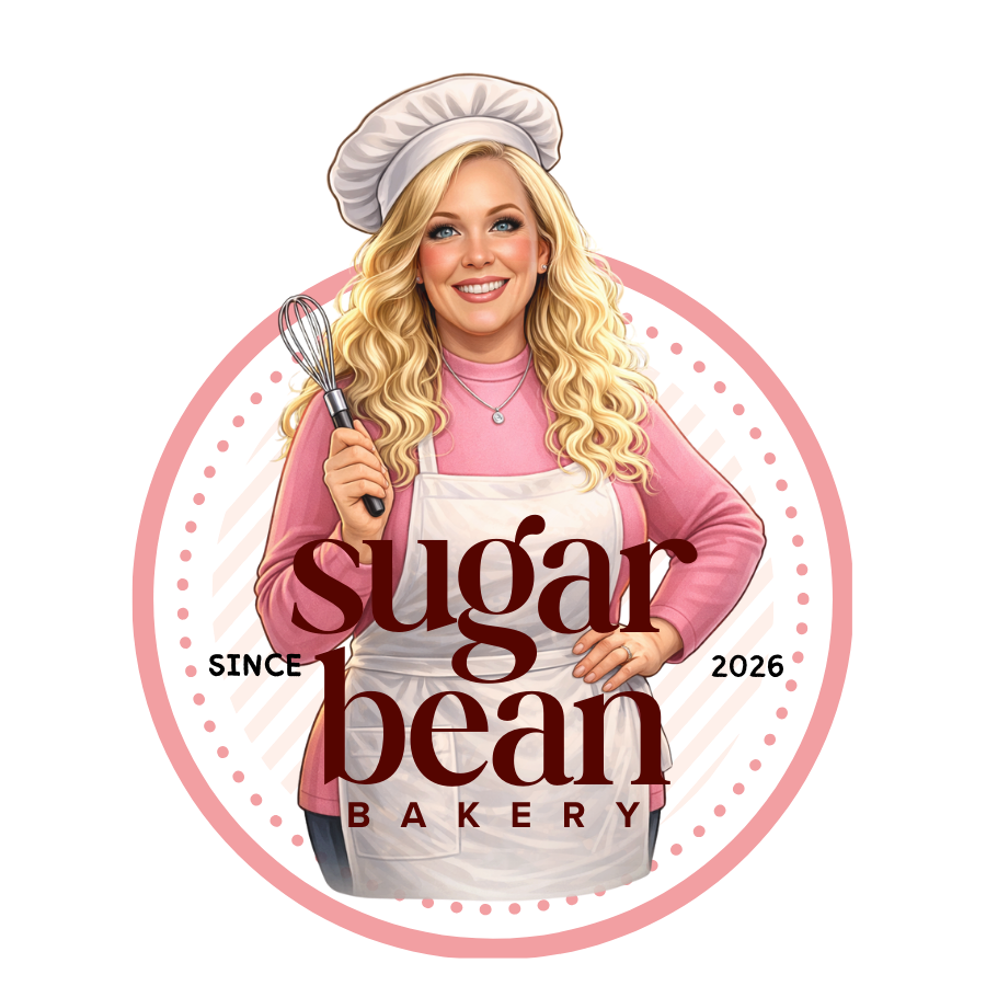 A smiling woman wearing a chef's hat, apron, and pink shirt, holding a whisk, with the text 'sugar bean bakery' overlayed.