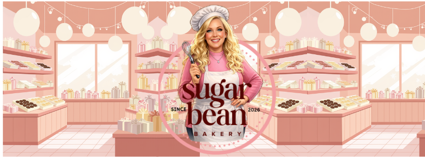 Illustration of a bakery interior with a large sign that reads "Sugar Bean Bakery" and features a woman in a pink shirt and chef's hat holding a rolling pin.
