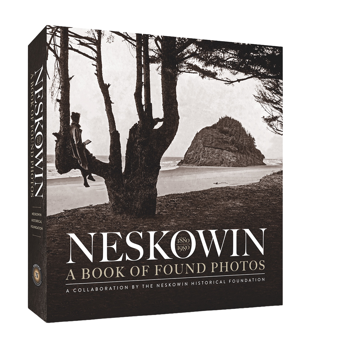 Book titled 'Neskowin: A Book of Found Photos' with a black-and-white cover image of a person sitting on a tree branch on a beach with a large rock formation in the background.