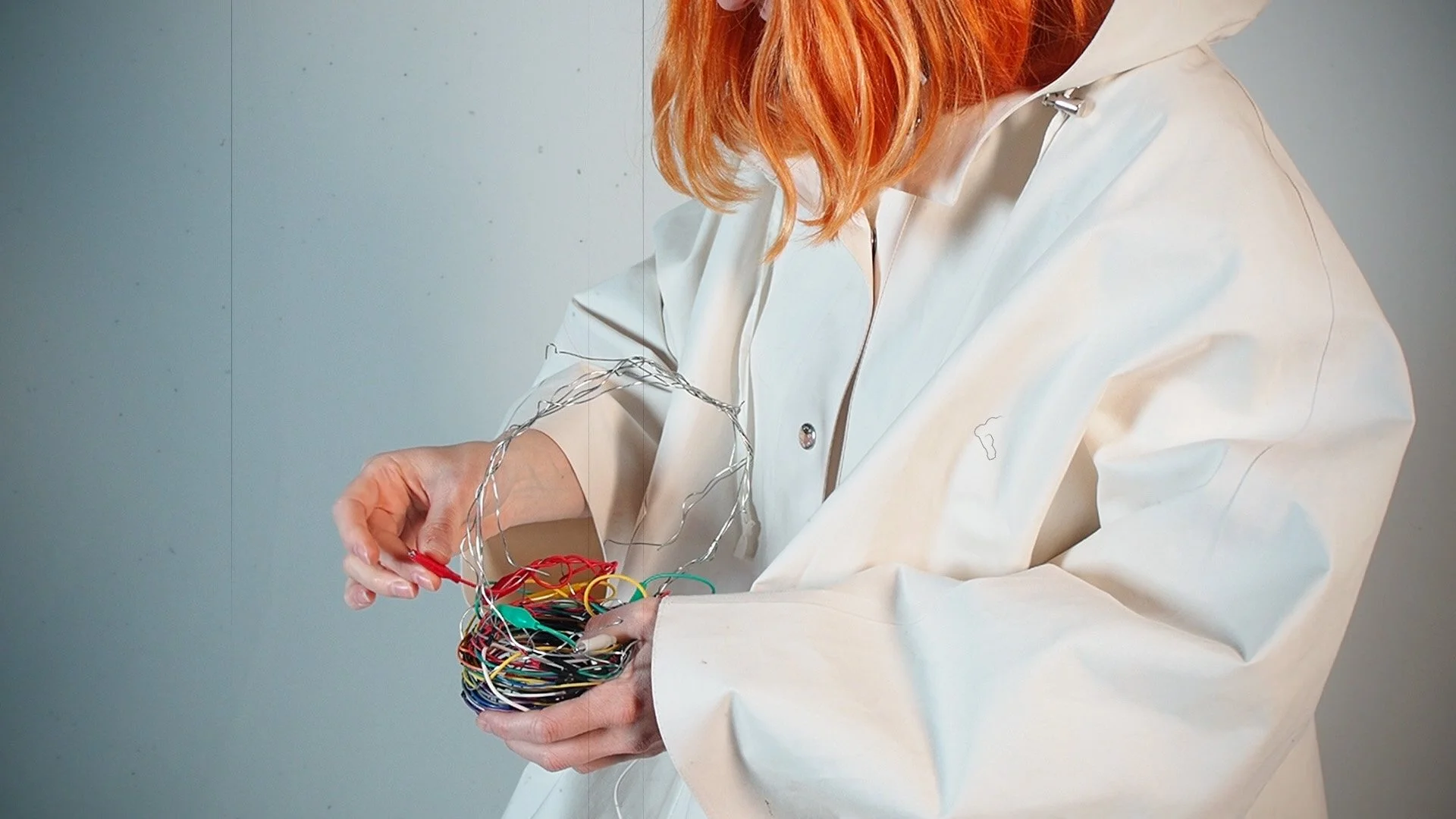 Still from 'Motherlode' Film - imagined conversation across generations carrying the matrilineal narrative - this still shows the character of the future daughter. Part of a heterotopian art installation by artist Sharon Douglas