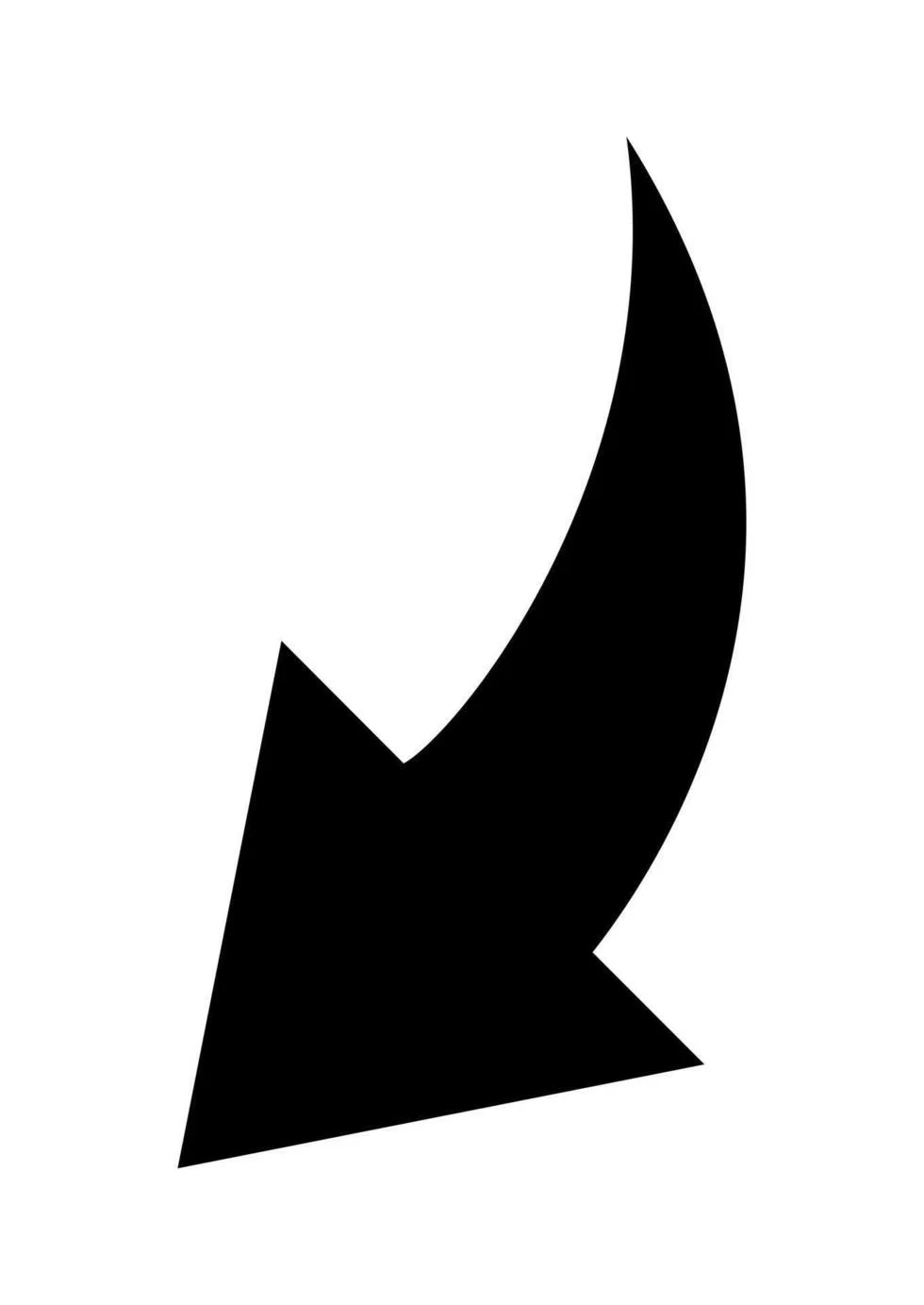 Black arrow pointing downward with a curved tail, on a white background.