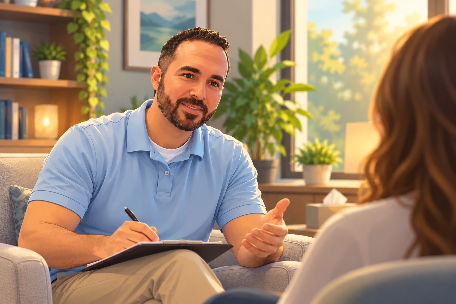 Ben Saxey in a session with a patient. Psychiatry, Luminess psychiatry medication management discussing ketamine treatment