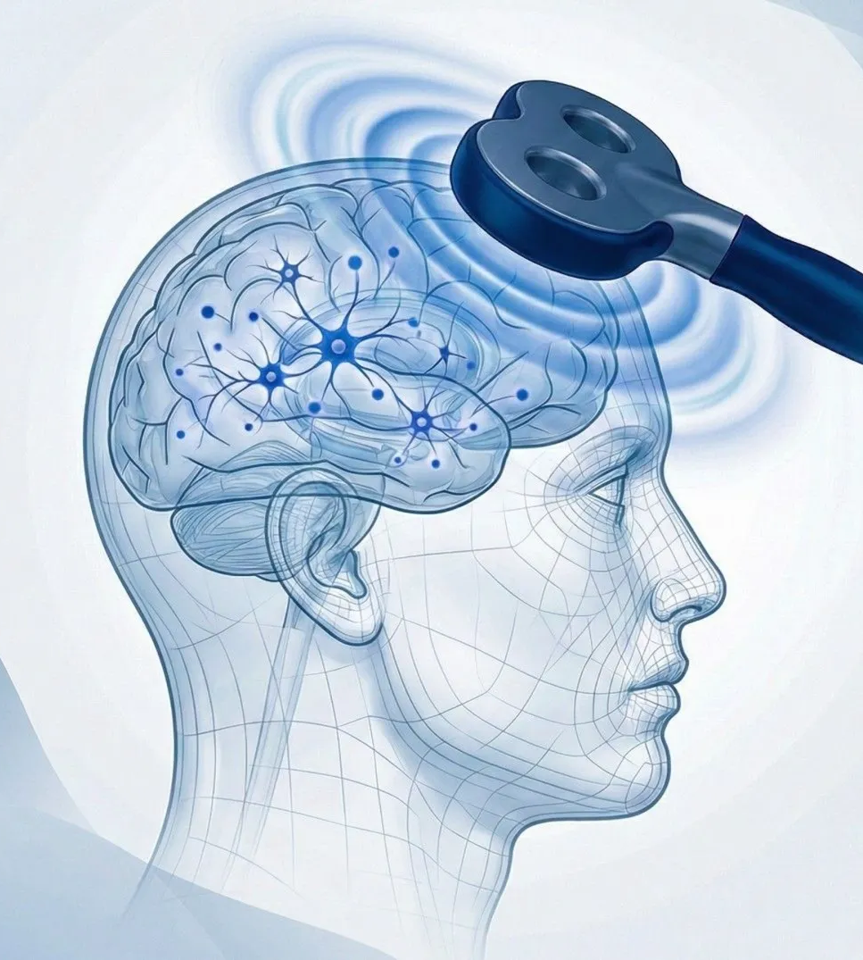 An illustration of a human head with a focus on the brain, showing neurons in blue, and part of a TMS machine held above the head.  TMS is for treatment resistant depression and other indicated disorders.