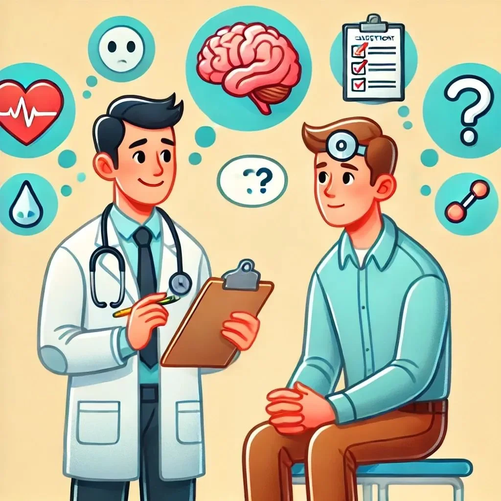 Cartoon illustration of a doctor and a patient having a conversation, with medical icons such as a brain, heart, blood drop, clipboard, question mark, and dumbbell around them.  Battling depression is more than taking a medication.