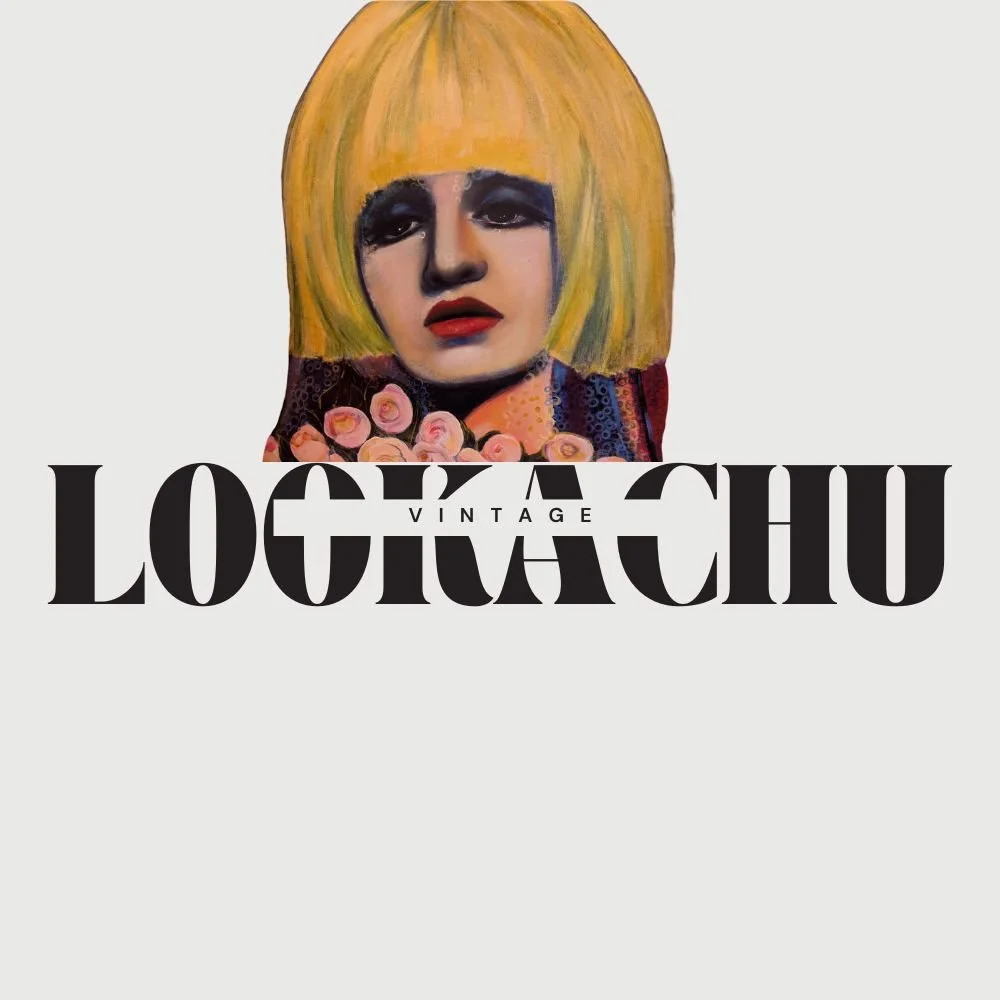 Vintage poster featuring a woman with a blonde bob wig, black eye makeup, red lips, holding pink flowers, with bold black text 'LOGRACHU' and smaller text 'VINTAGE' above.