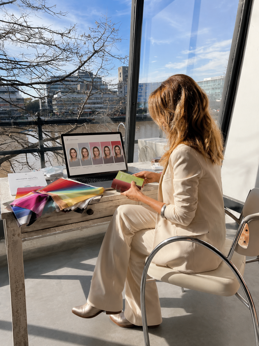 Florencia Ducós en sus oficinas trabajando en sus servicios como mentora de asesoras con vista al río.