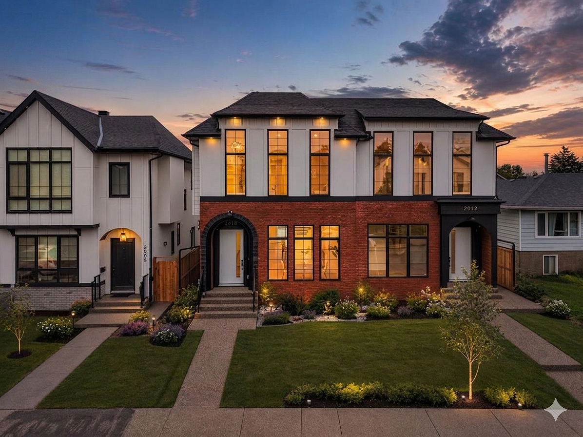 A modern two-story house with brick and white siding exterior, large windows, and front yard with landscaping, during sunset with a colorful sky.