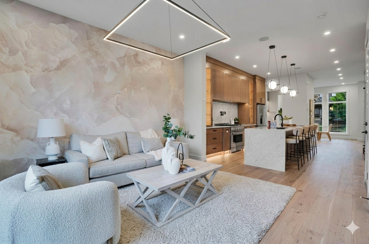 Open-concept living room and kitchen with natural wood accents, modern lighting fixtures, white and beige furniture, and a view through large windows.