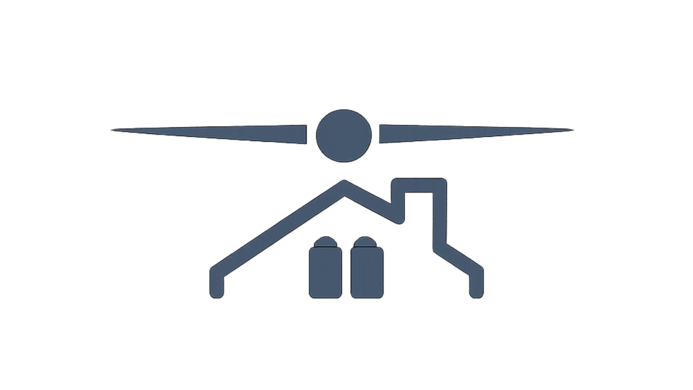 Line drawing of a drone flying above a house with solar panels and a chimney, illustrating residential drone delivery or surveillance.