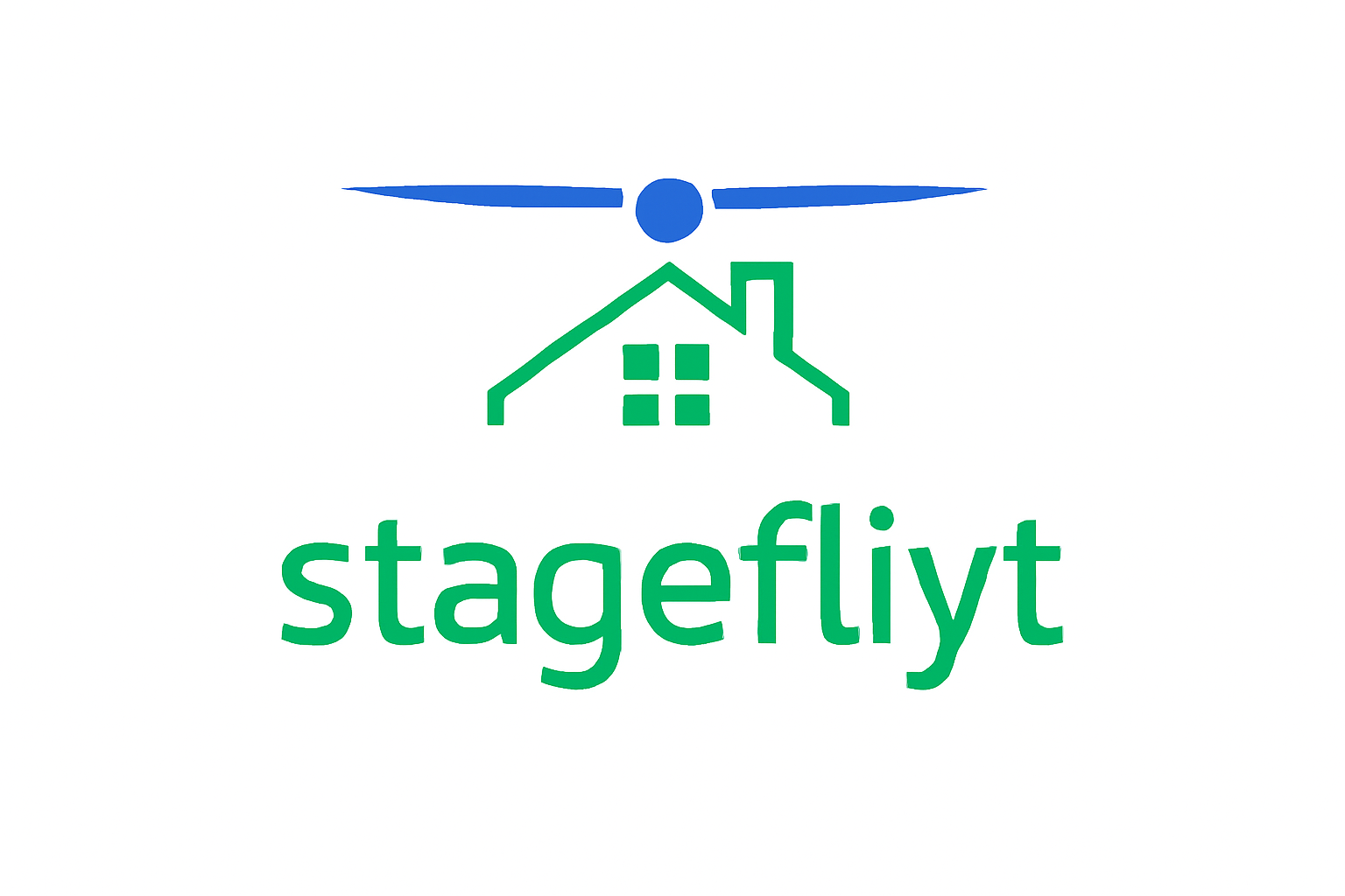 A logo featuring a green outline of a house with four windows and a chimney, with a blue drone-like figure flying above it, and the word 'stageflyt' in green beneath.