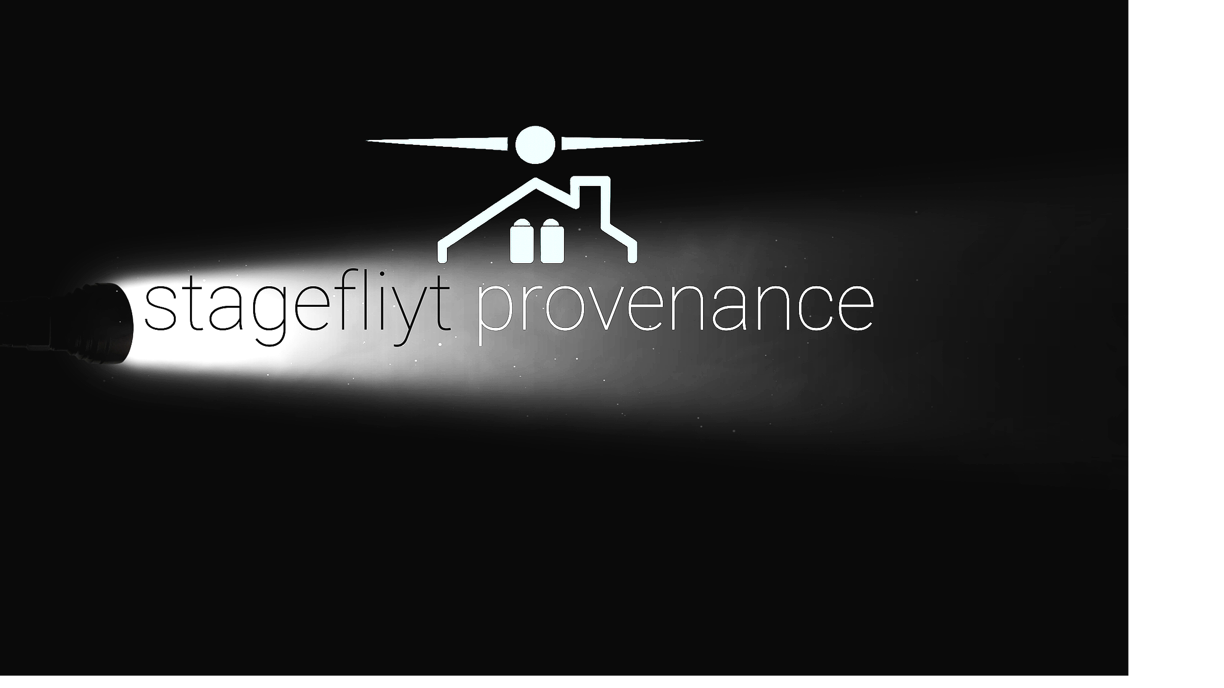 A black and white logo with a flashlight shining a beam of light, displaying the words 'stageflyt provenance' and a simple house and drone outline.