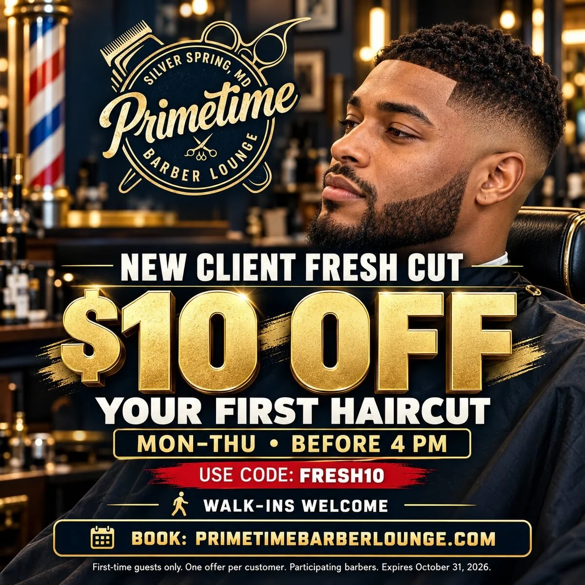 Prime Time Barber Lounge new-client special: $10 off your first haircut Monday through Thursday before 4 PM.