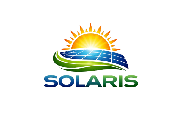 Logo de Solaris con sol naciente, panel solar, y elementos verdes y azules