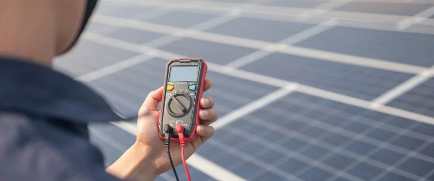 Persona midiendo voltaje en un panel solar con un multímetro.