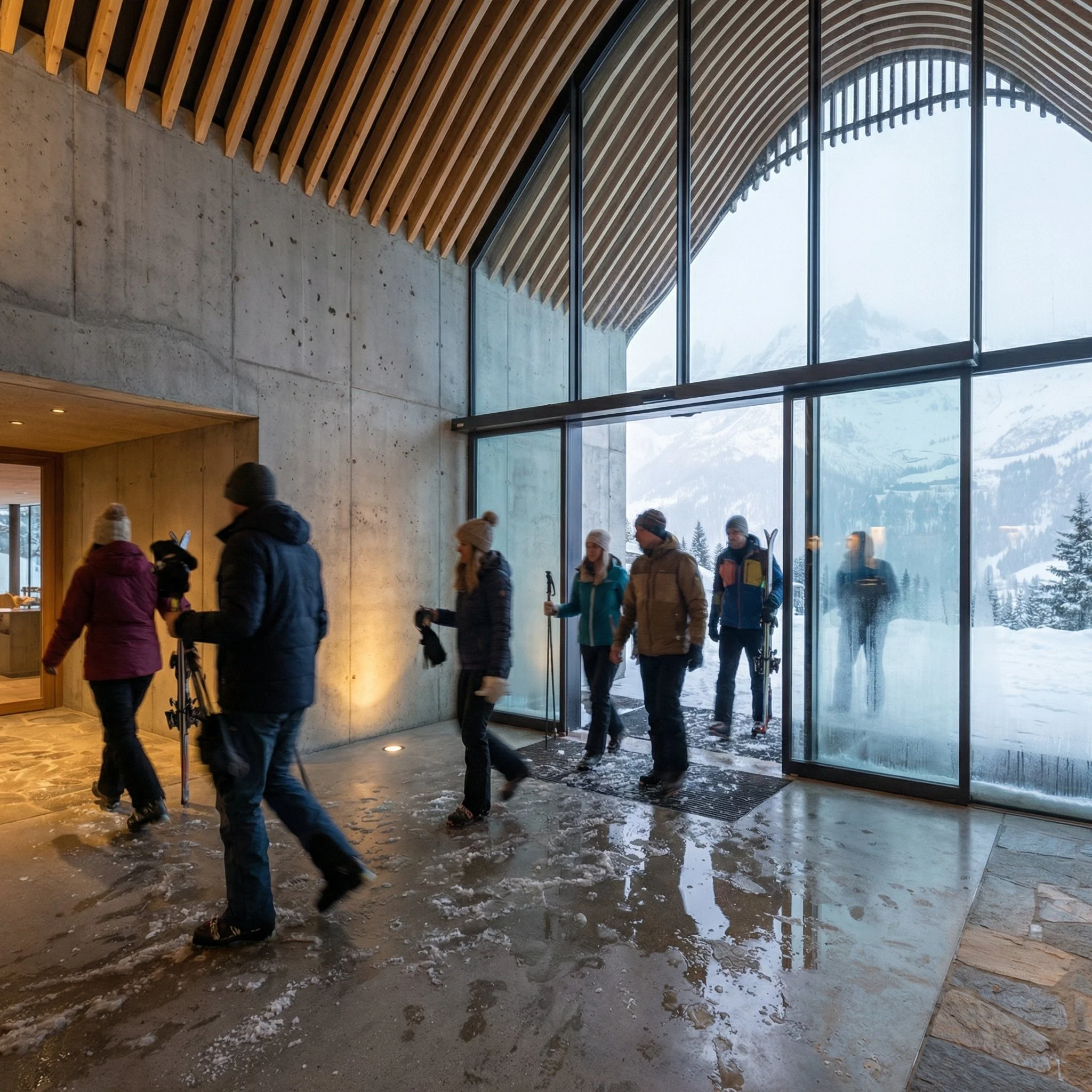 The act of entering is not immediate. You arrive carrying the outside with you, snow still clinging to your body, cold still present in your breath. The building does not erase this instantly. Instead, it absorbs it slowly, allowing a transition that