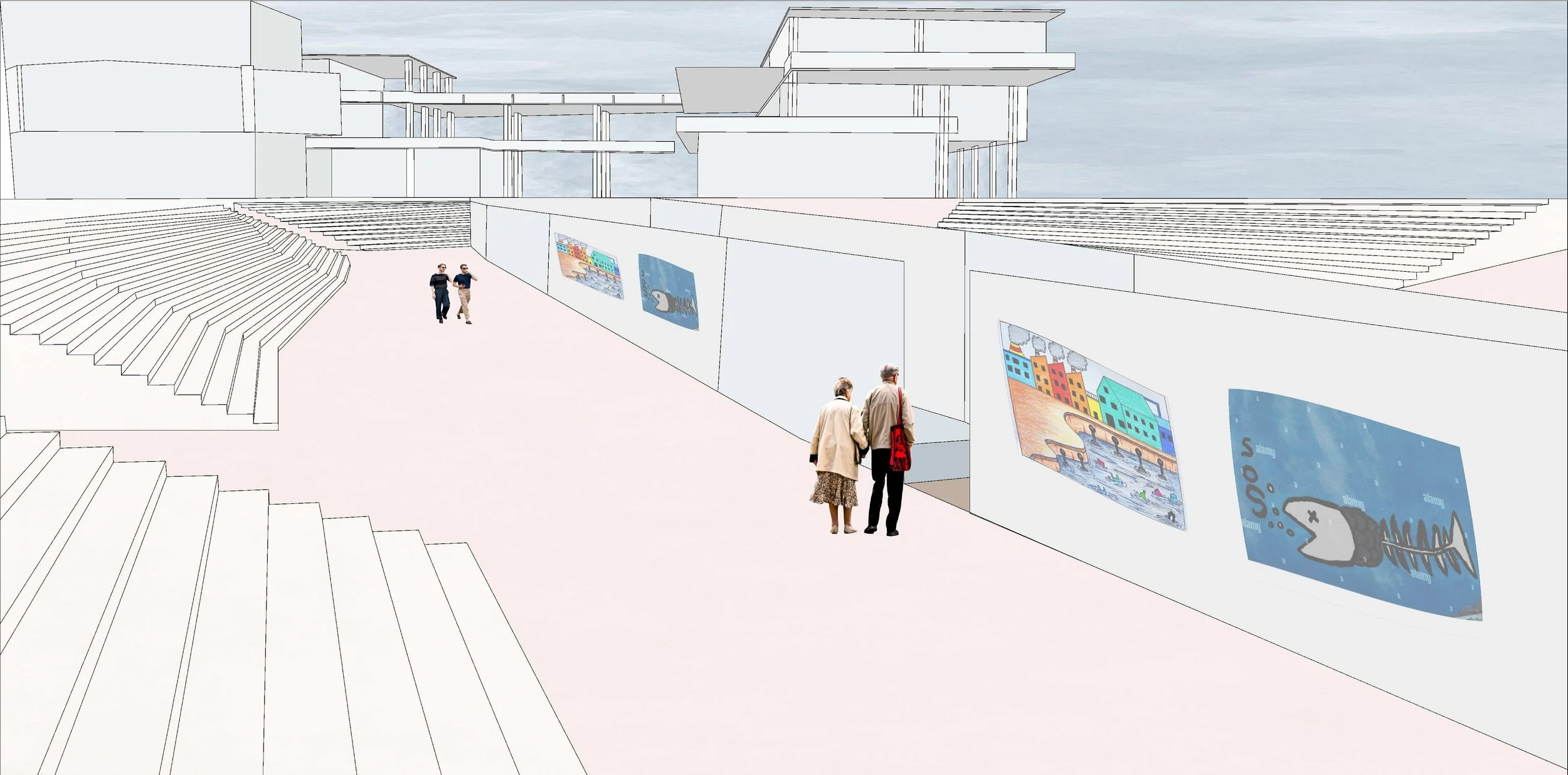 Sunken outdoor areas function as transitional spaces between interior and exterior. These zones host exhibitions and gatherings while maintaining a strong connection to the ground plane.