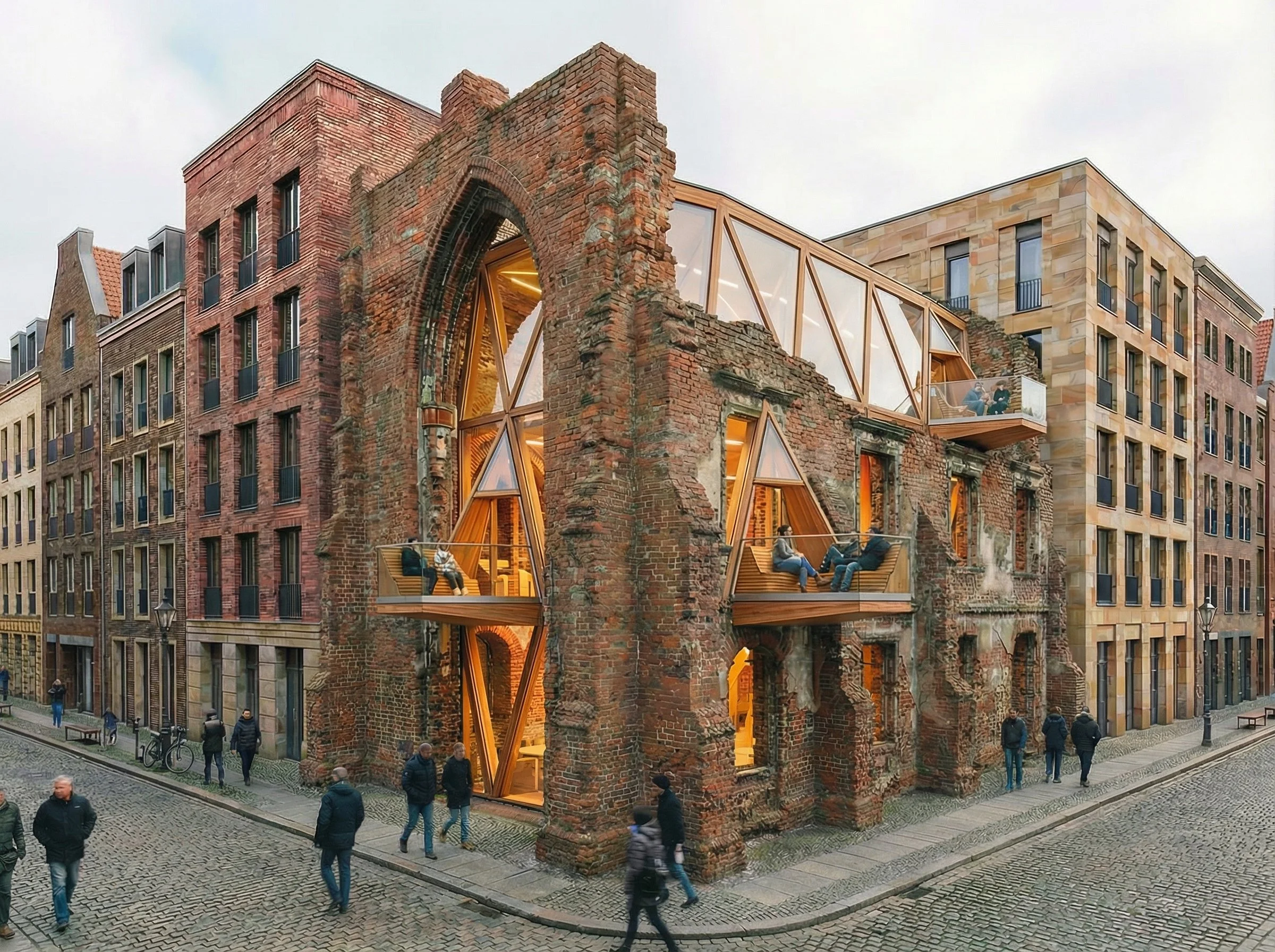 The intervention introduces a warmer, more tactile layer. Timber elements settle into the existing shell, creating spaces that feel both protected and open. The contrast is not only visual, but atmospheric, shifting the experience of the ruin from ex
