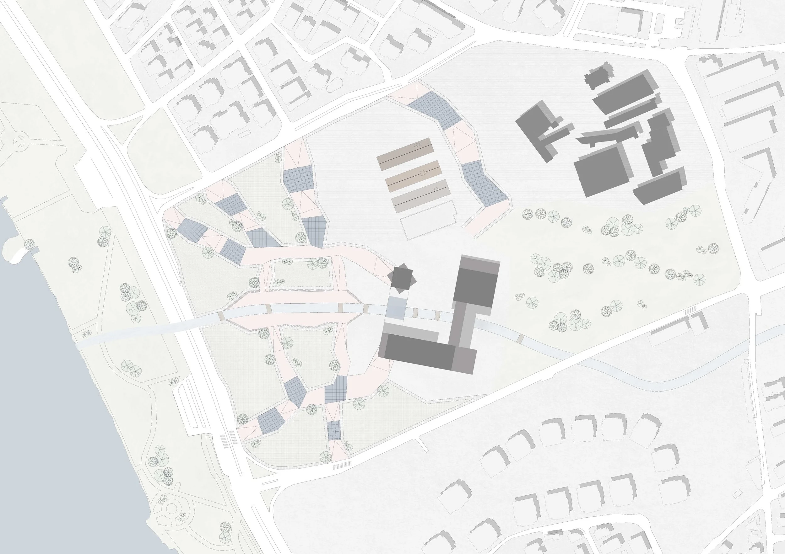 The masterplan organizes the site through radial crack formations that distribute functions across the landscape. These paths guide visitors through different thematic zones of sustainability and waste awareness.