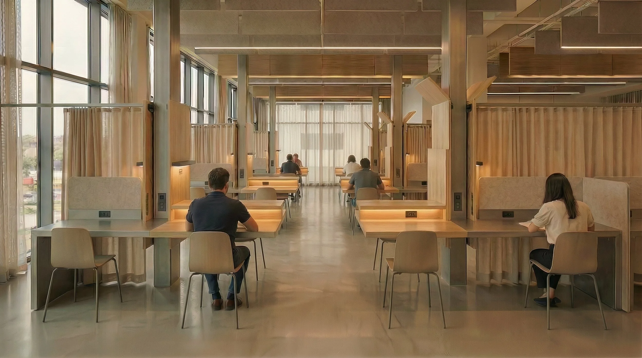 DEEP FOCUS ZONE
Designed for sustained concentration, this zone minimizes distractions through controlled lighting, acoustics, and spatial enclosure.
It signals long-duration, uninterrupted work.