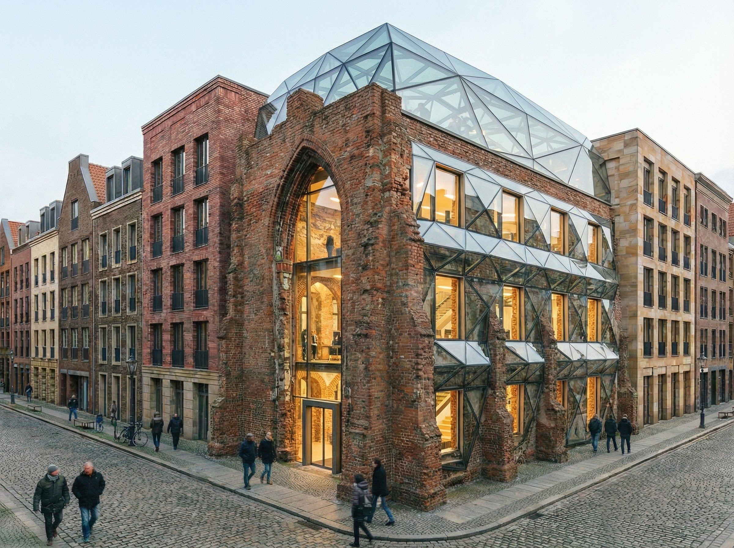A new layer envelops the building, holding the existing structure within a continuous system. The glass does not hide the ruin, but protects and frames it, allowing it to remain visible while extending its life. The building becomes both artifact and