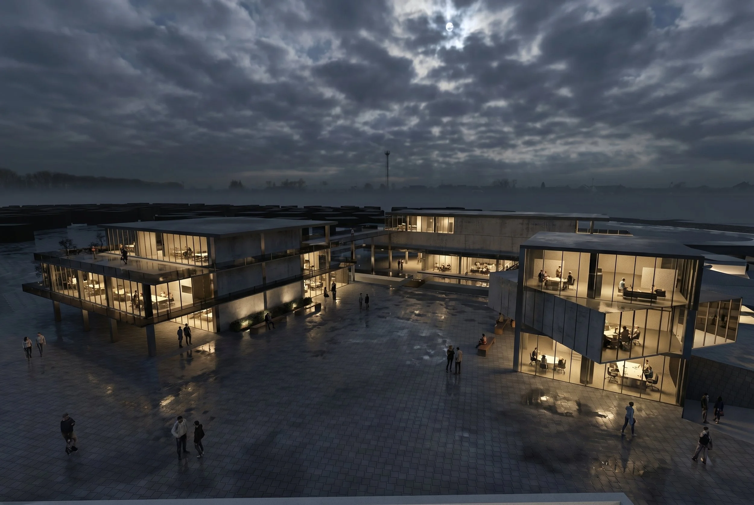 The project is structured as three separate volumes linked by bridges, forming a fragmented yet cohesive architectural system. This approach emphasizes both separation and connection, allowing diverse programs to coexist while maintaining a unified s
