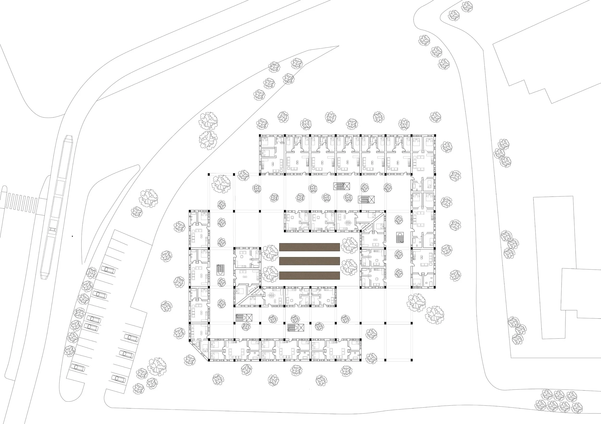 The layout organizes units around the central courtyard, ensuring equal access to daylight and views. Circulation paths are designed to reinforce proximity and community interaction.