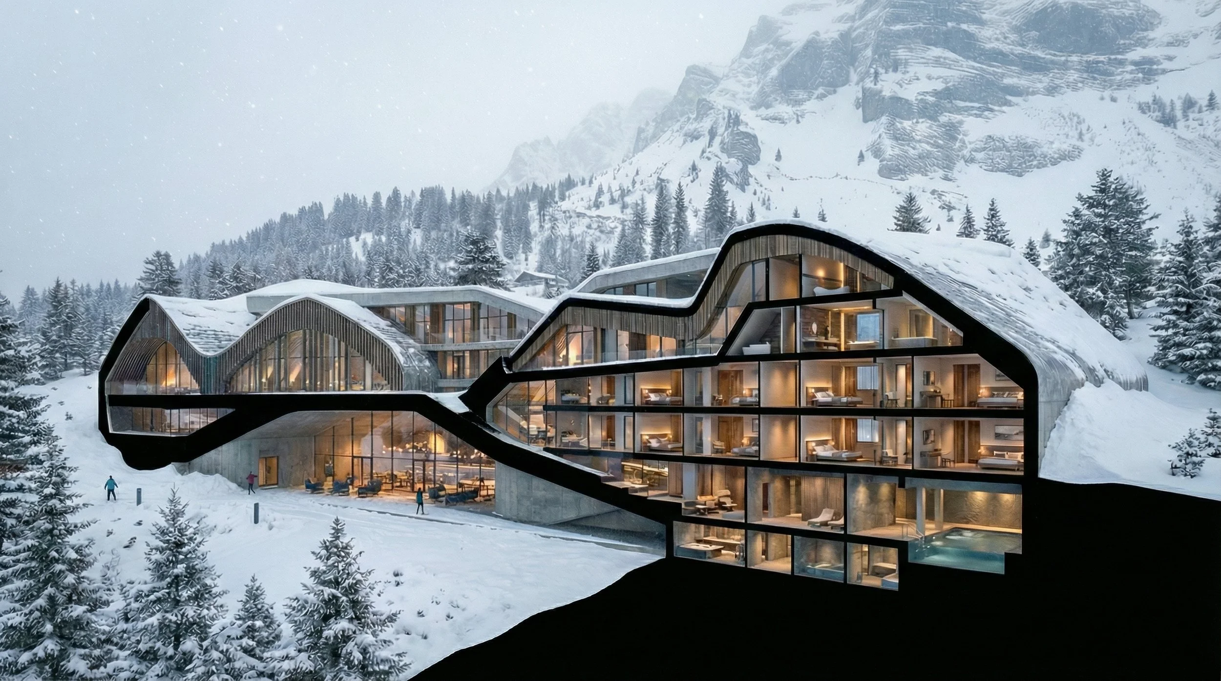 Seen from within, the building reveals itself as a series of layers, each holding a different rhythm. Movement, rest, encounter, withdrawal, all exist at once, connected through space rather than separated by it. The architecture unfolds vertically a
