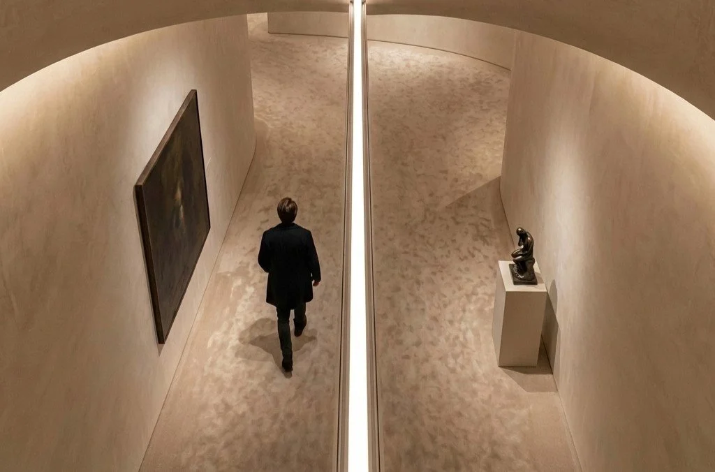 The relationship between floor and walls makes the space easy to read.
A lighter, neutral color palette.