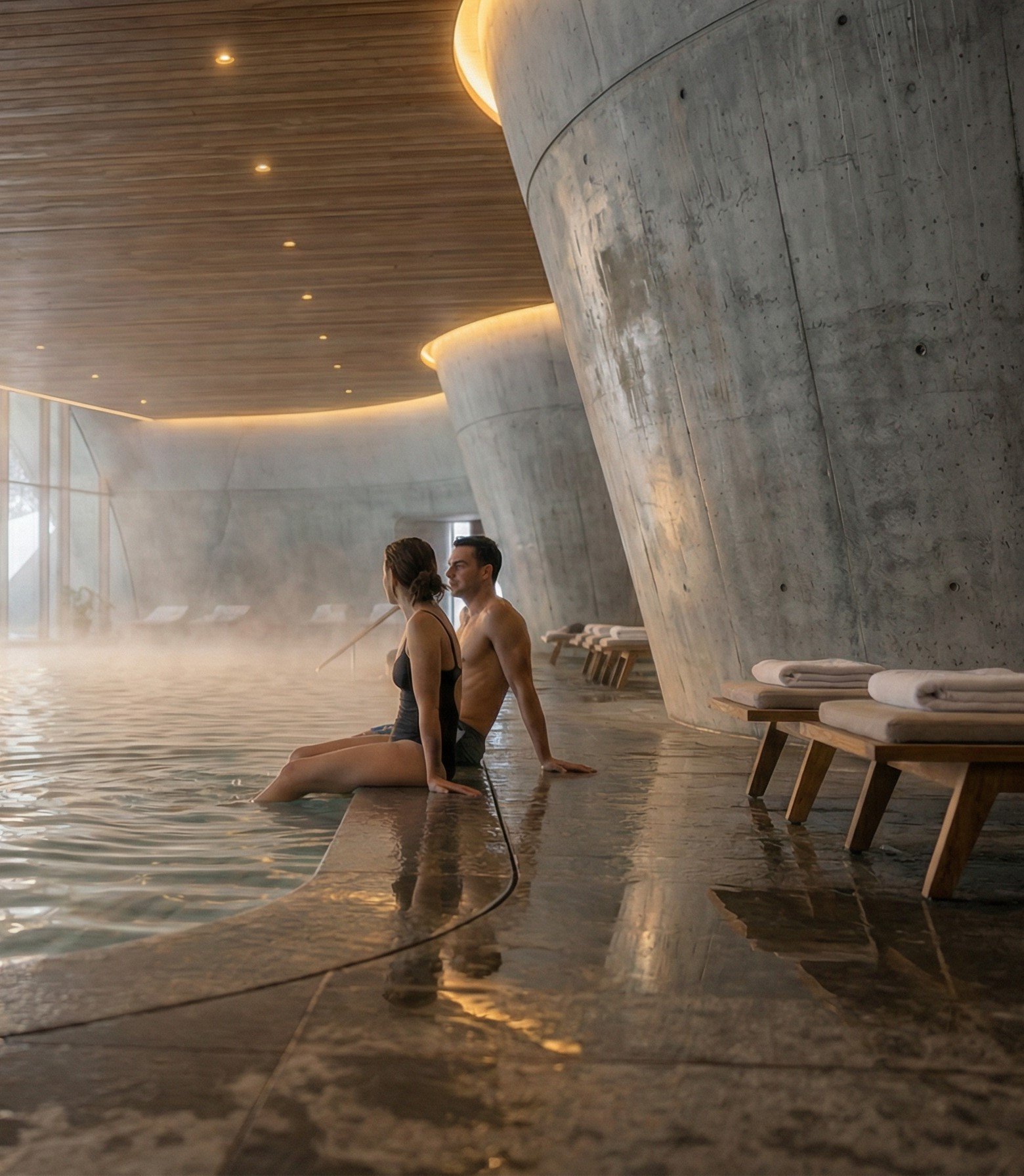 Warm water surrounds the body as steam begins to soften the air. The contrast is not abrupt, but unfolding. The memory of the cold lingers just enough to make the warmth more tangible, more real. Here, temperature is not just a condition, but an expe