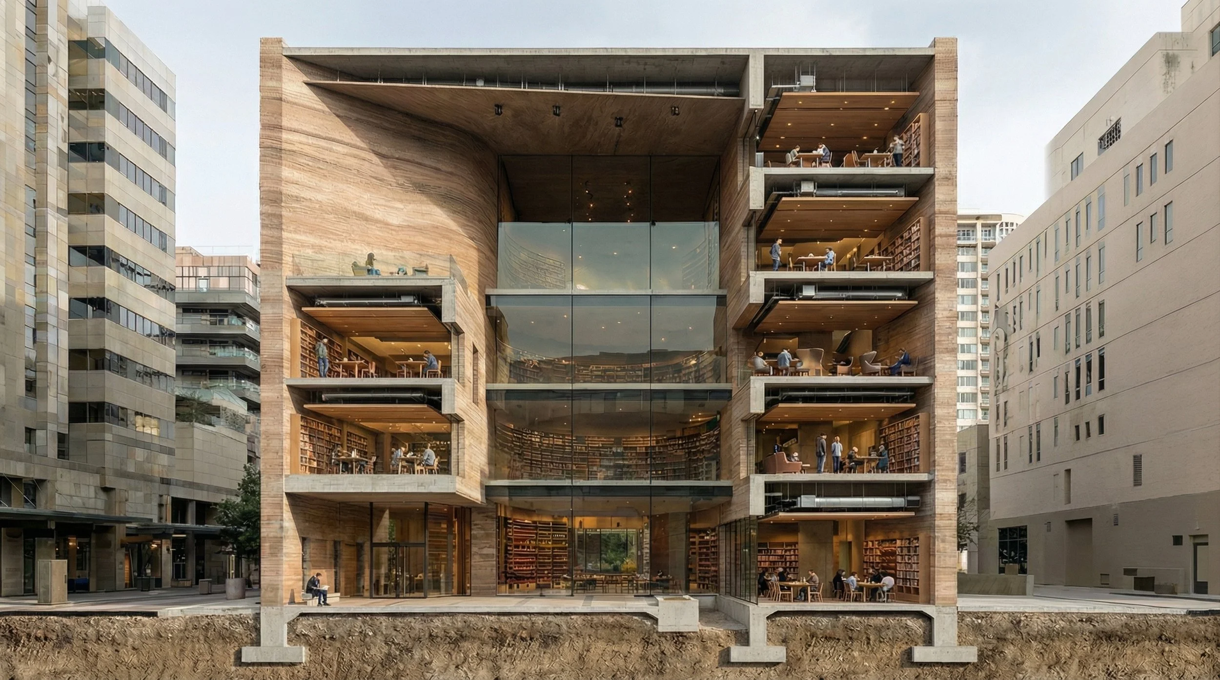 The construction reveals the layered relationship between structure, insulation, and interior space.
Material logic directly informs spatial experience.