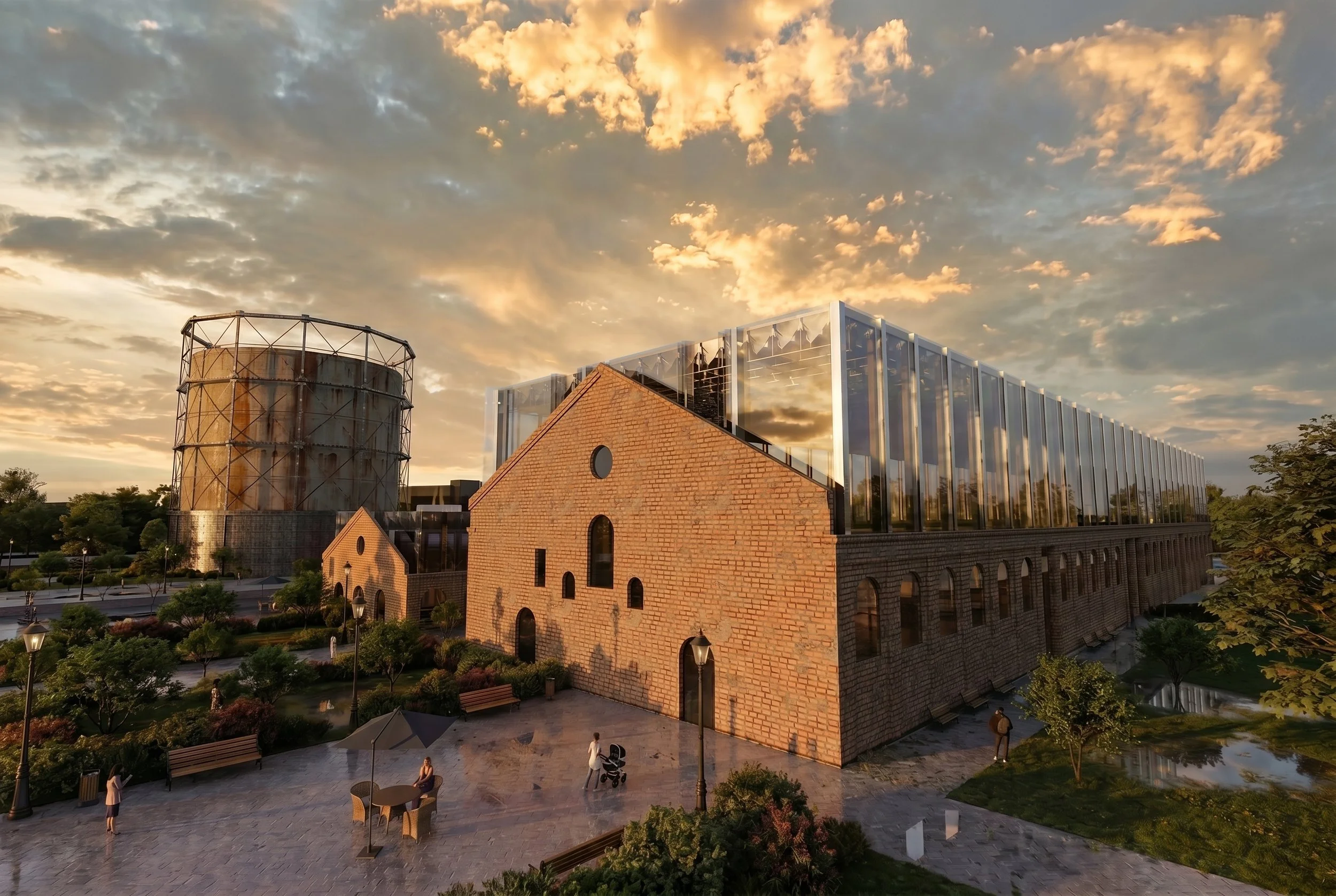 The project brings together historical industrial structures and contemporary interventions through a layered architectural language.
Transparent additions contrast with the solid existing fabric, emphasizing the dialogue between past and present.