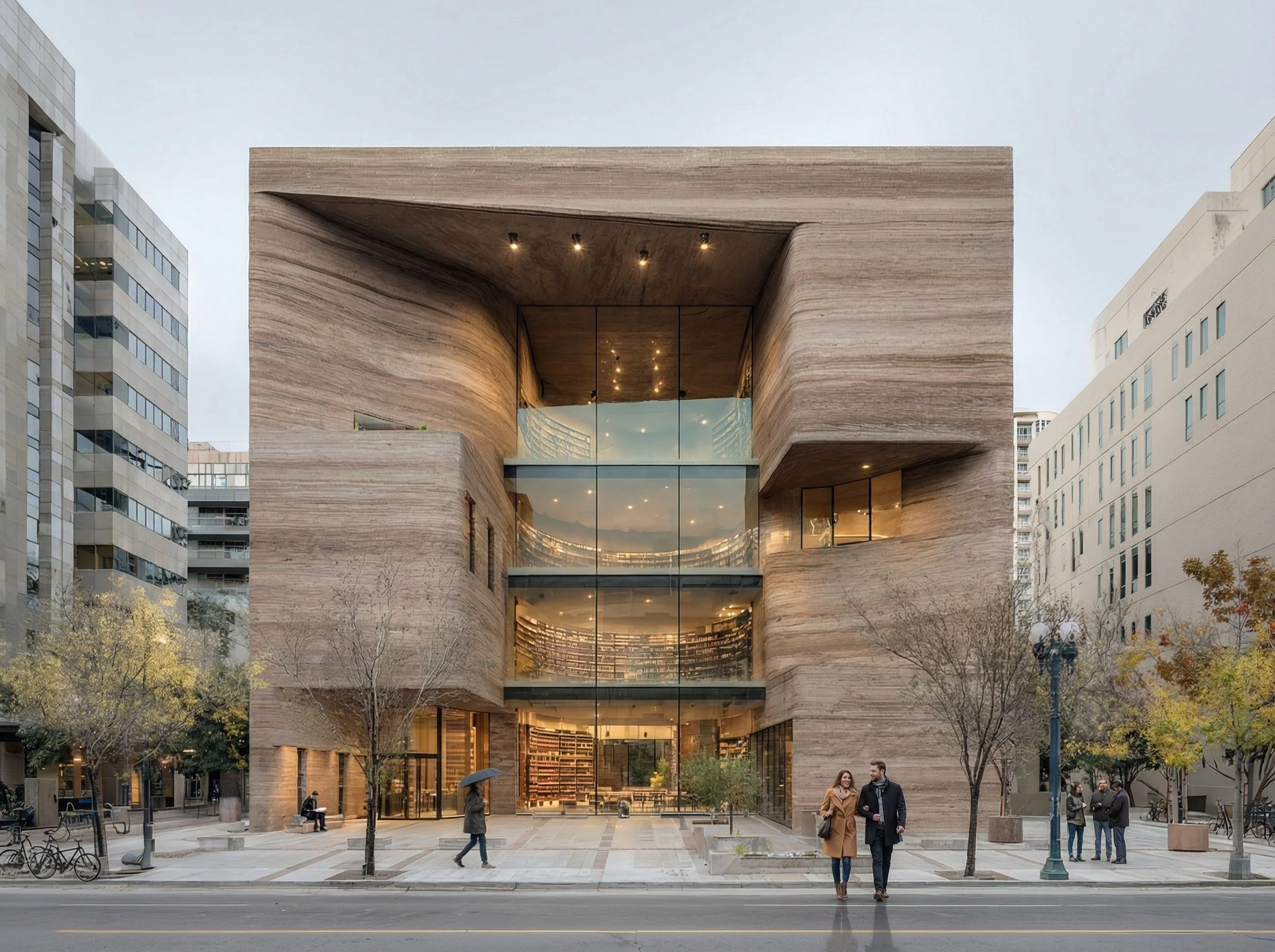 A monolithic presence shaped by rammed earth, carved to create depth and entry.
The building balances mass and openness through a central glass void.