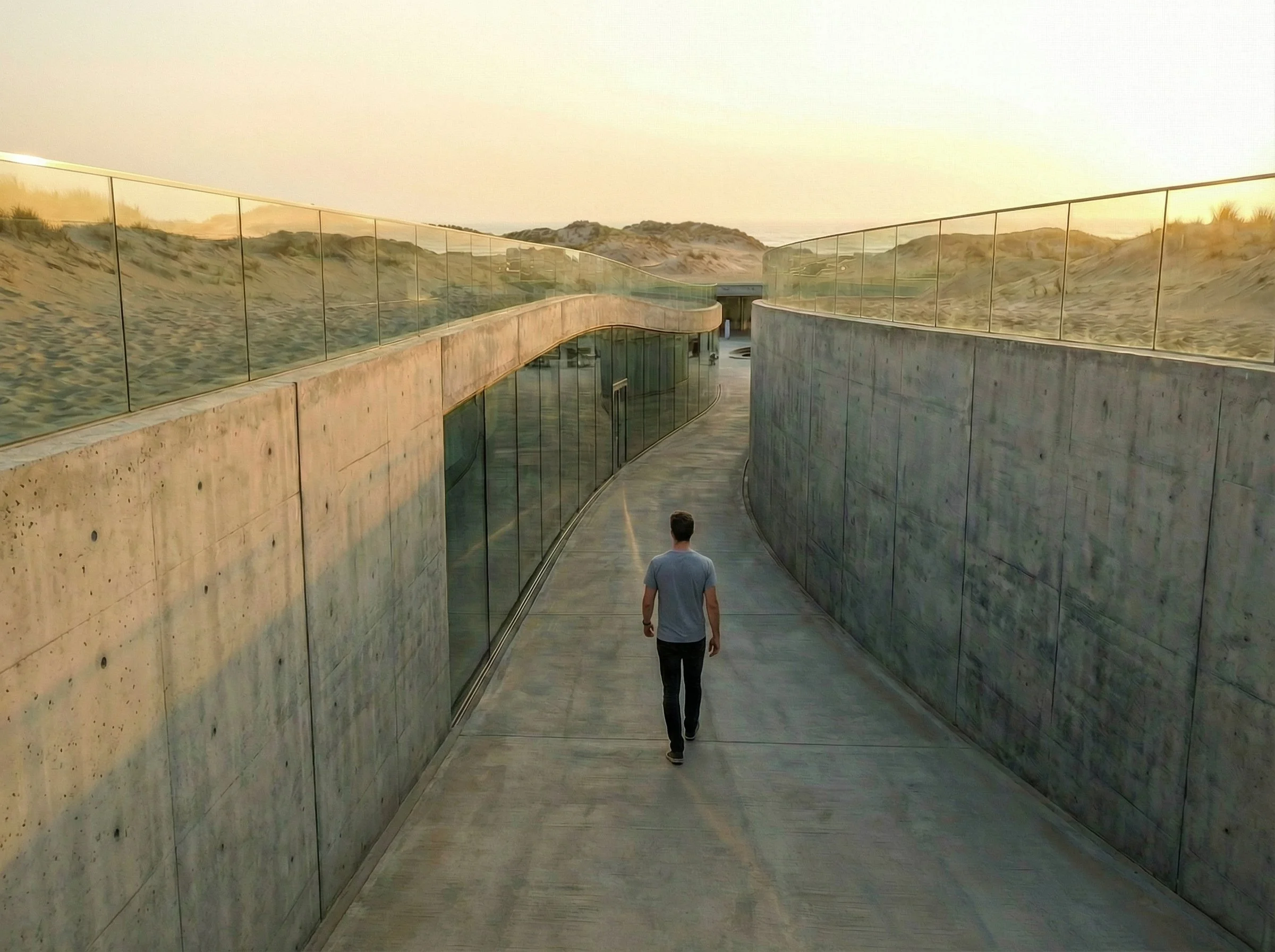 The path extends toward the horizon, stretching both distance and perception. Light traces the curves of the concrete, reinforcing the sense of continuity. The landscape remains present, always guiding the direction forward.
