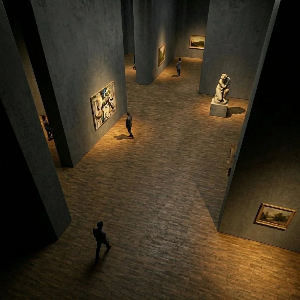 Absorption Zone
Sharp, straight corners; dark grey walls; sparsely placed artworks.
Single, backless seating elements.