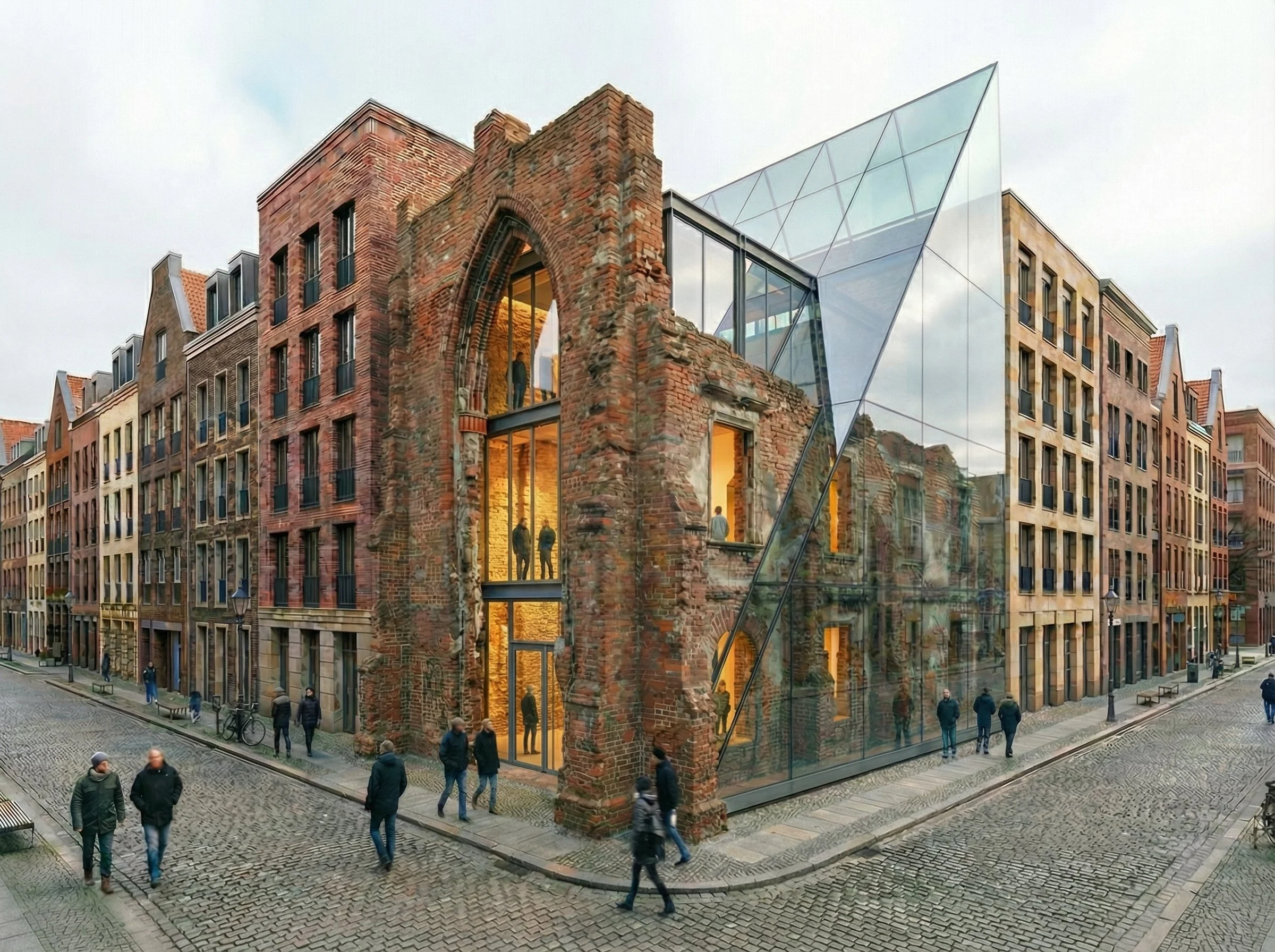 The intervention takes on a more dynamic form, introducing a geometry that contrasts with the weight of the existing structure. The new volume appears almost temporary, as if it could move or change, while the old remains grounded. Together, they cre